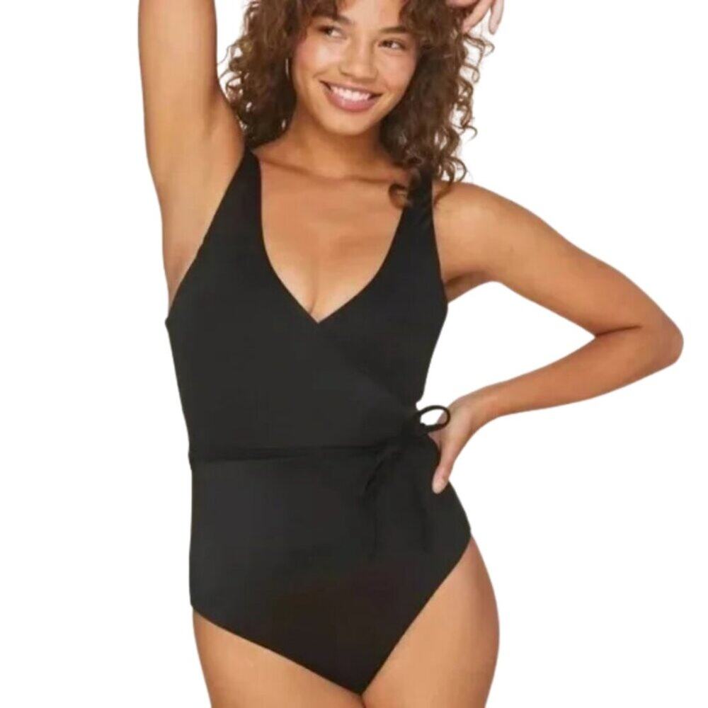 Andie Swim The Belmar One Piece V-Neck Belted Suit Solid Black Size Large